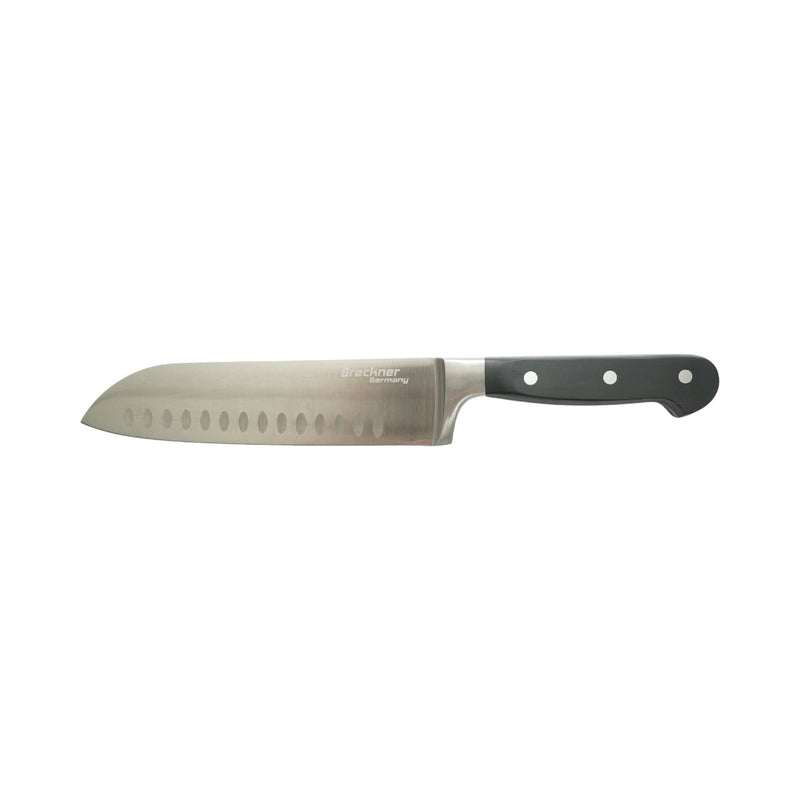 Coltello Santoku professionale da 18 cm, lama in acciaio 5Cr15MoV con filo alveolato, manico in ABS nero. Breckner Germany