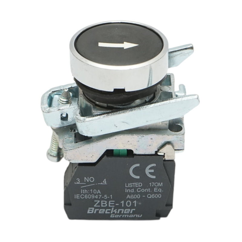 Pulsante di comando nero a ritorno automatico con simbolo della freccia, 1NO, 10 A, TB4 Breckner Germany