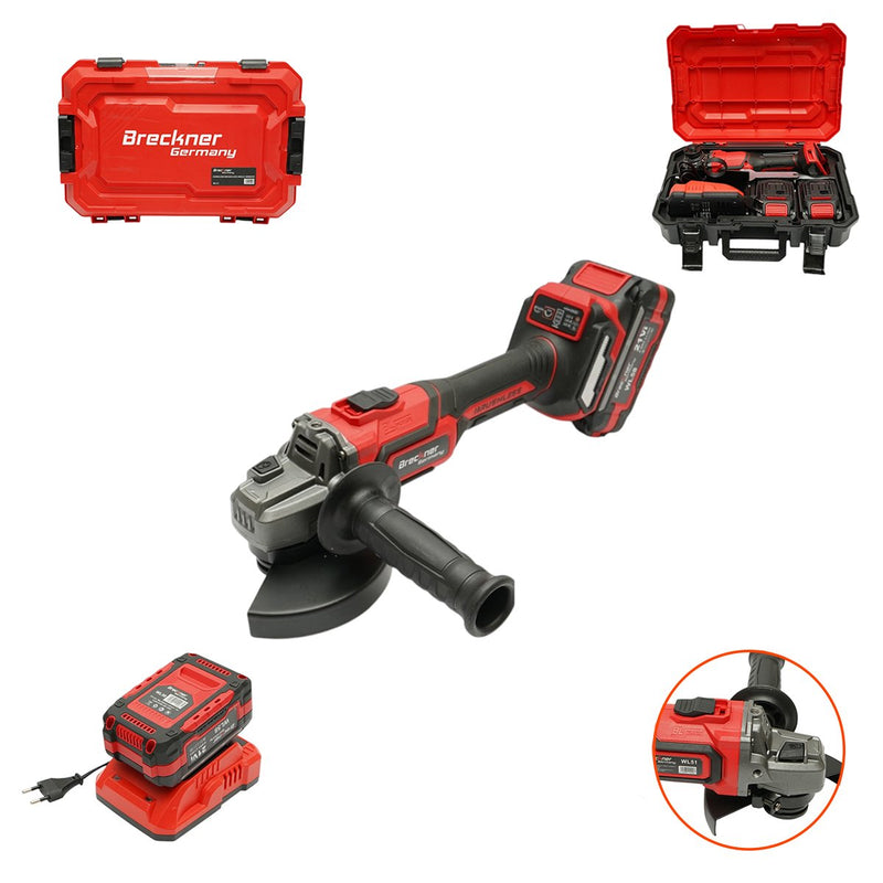 Smerigliatrice angolare da 1000 W con due batterie agli ioni di litio da 21 V e 4 Ah, disco da 125 mm, motore brushless, freno elettrico e 3 velocità (5000/7000/9500 giri/min) Breckner Germany