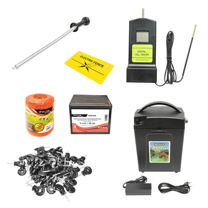 Kit Completo Recinto Elettrico Elettrificatore 9/12V, 0,7 Joule, Filo 500 MT, 100 isolatori, maniglie porta e molla tensione, batteria a secco 9V/90Ah, recinzioni elettriche Breckner Germnany