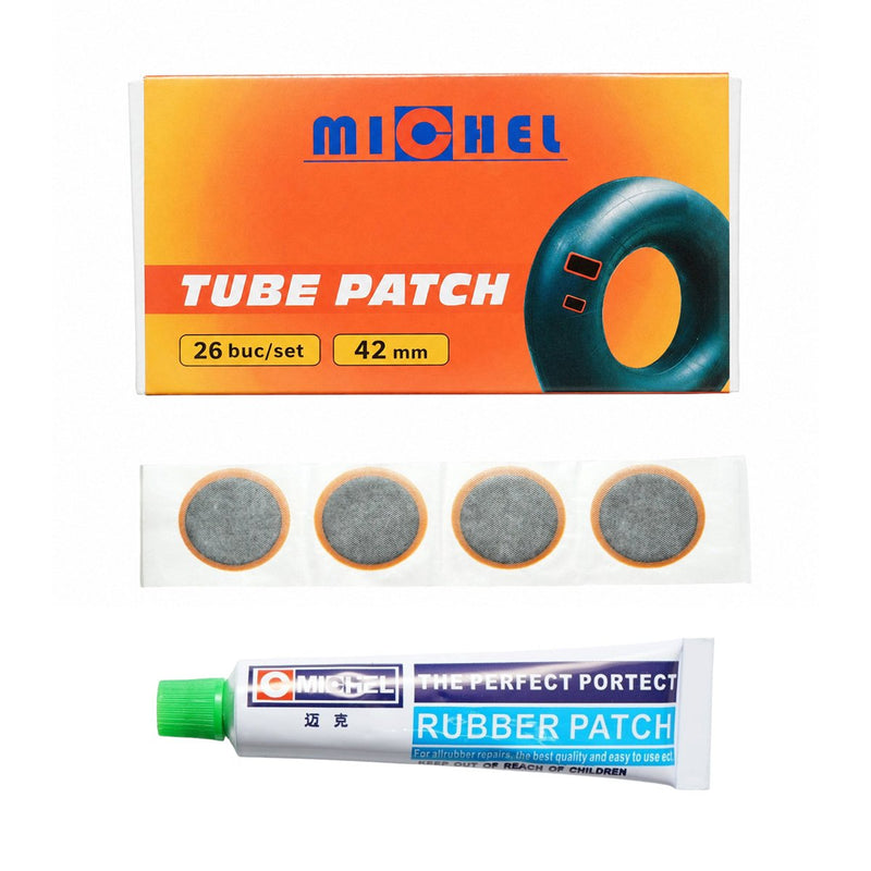 Set di 26 toppe rotonde per vulcanizzazione (42 mm) + 1 tubetto di adesivo (20 ml) per camere d'aria