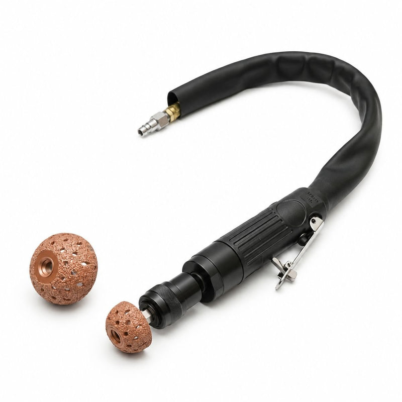 Smerigliatrice pneumatica dritta, 2500 giri/min, mandrino a cambio rapido da 11 mm, pressione di 6,3 bar, per la riparazione di pneumatici. Breckner Germany