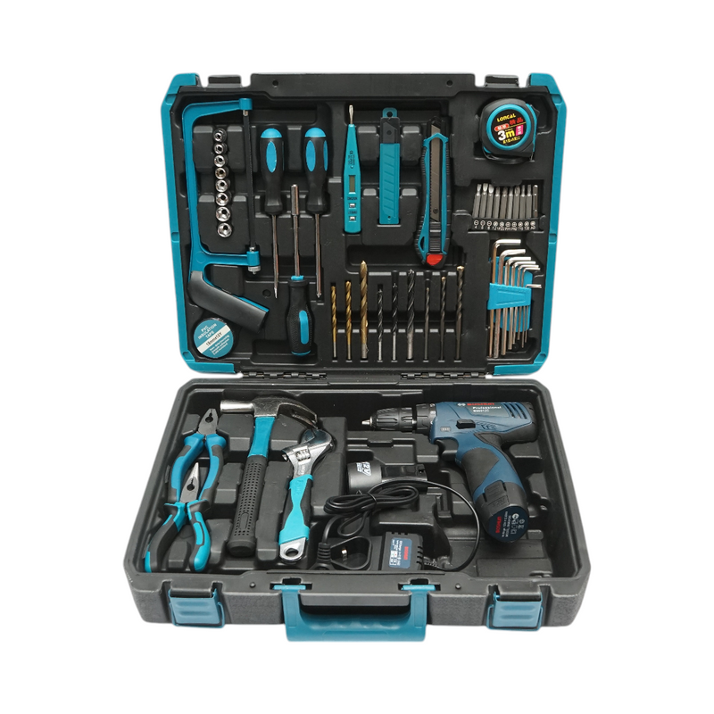 Trapano-avvitatore professionale con due batterie da 12 V/2,0 Ah e un set di utensili da 49 pezzi.