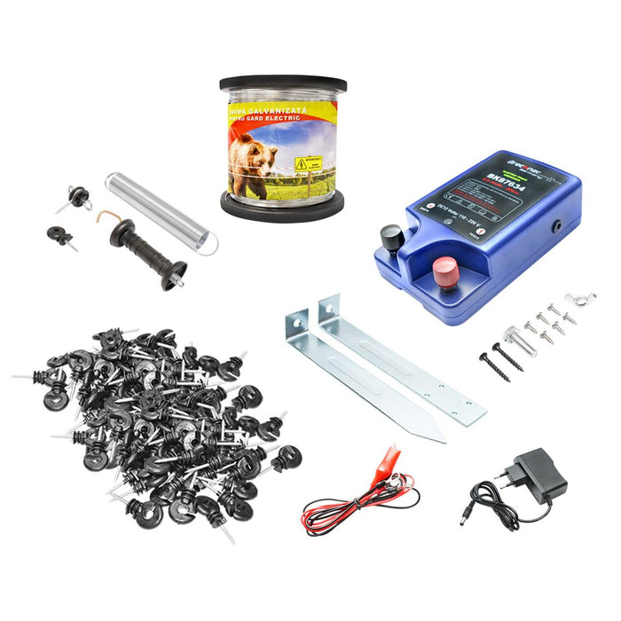 Recinto Elettrico Kit Completo Elettrificatore 12V/220V, 2 Joule, Filo 1000 MT, 100 isolatori, set maniglia, recinzioni elettriche Breckner Germnany