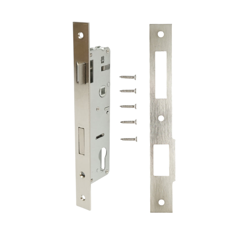 Serratura da infilare con scrocco, scatola 48x174 mm, frontale 23x240 mm, finitura nichel satinato, viti incluse