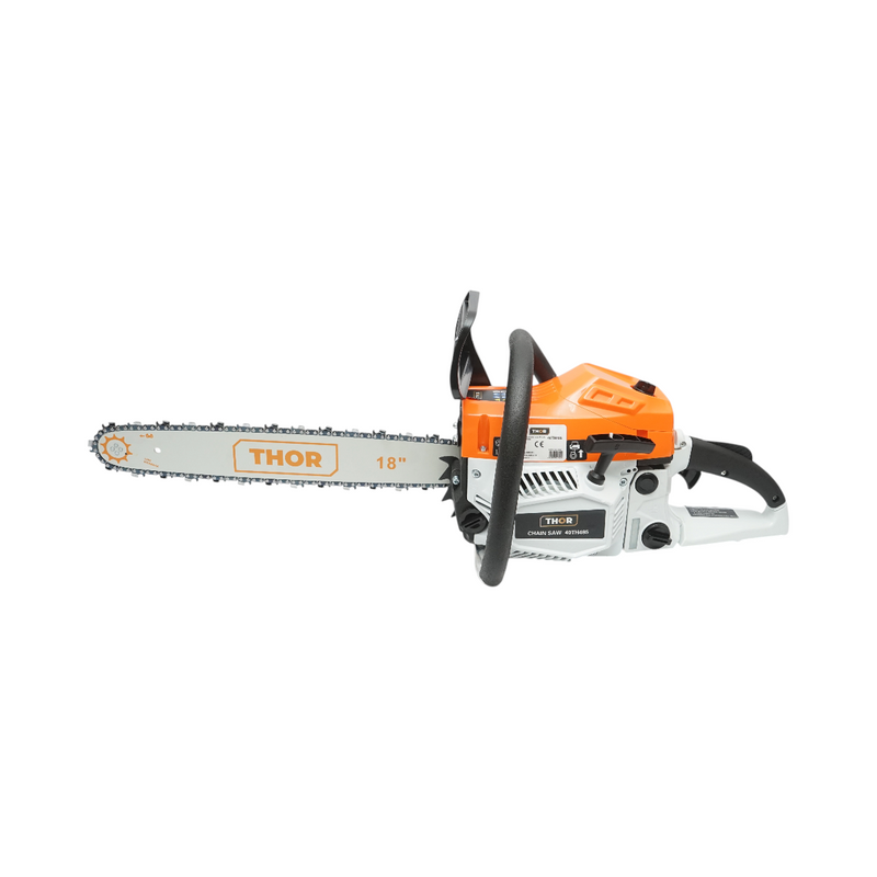 Motosega a scoppio professionale THOR a 2 tempi, 58 cc, 3,3 CV, 8500 giri/min, barra da 18 pollici (450 mm)
