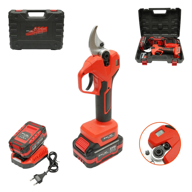 Forbici da potatura elettriche da 500 W con due batterie agli ioni di litio da 21 V e 4 Ah, motore brushless, display digitale e diametro di taglio massimo di 40 mm. Breckner Germany
