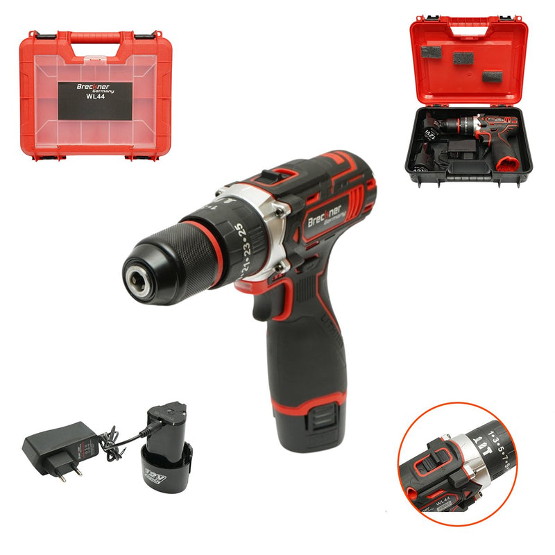 Trapano avvitatore a percussione a batteria, due batterie Li-Ion da 12 V 1,5 Ah, LED, 25 Nm, mandrino da 10 mm, 0-400/1500 giri/min Breckner Germany