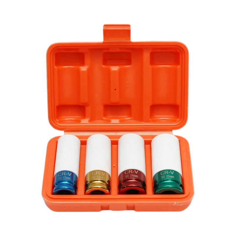 Set di bussole a impatto per dadi ruota con protezione per cerchi (17 mm, 19 mm, 21 mm, 22 mm; attacco da 1/2"; Cr-V) Breckner Germany