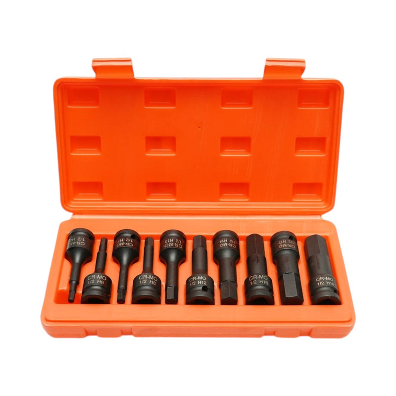 Set di 10 bussole a impatto esagonali lunghe (H5–H19), attacco da 1/2", in acciaio Cr-Mo Breckner Germany