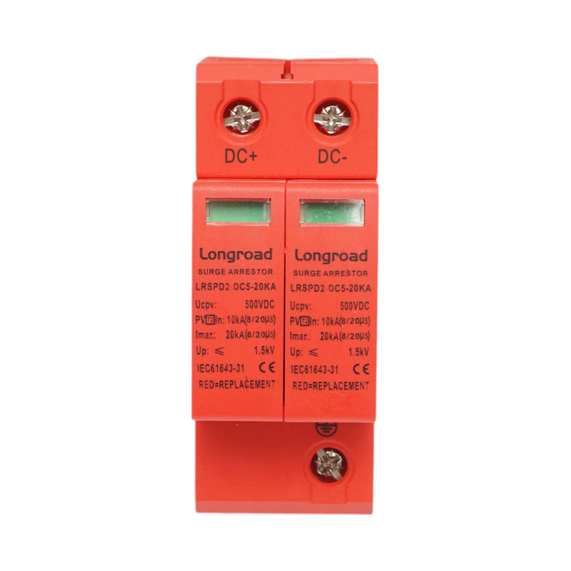 Dispositivo di protezione da sovratensioni (SPD) DC Longroad LRSPD2-DC5-20KA (Tipo C, 500 V DC, bipolare) con segnalazione per impianti fotovoltaici