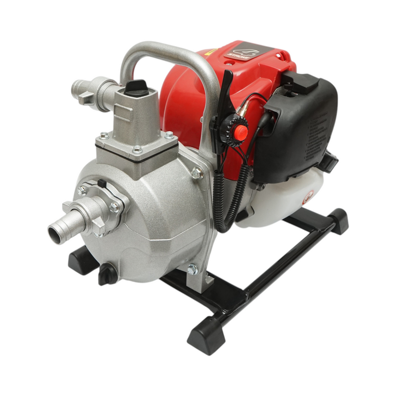 Motopompa a benzina 4 tempi da 1,36 CV e 35,8 cc, attacco da 1 pollice, portata 7 m³/h, autoadescante, profondità di aspirazione 7 m, prevalenza 25 m. Breckner Germany