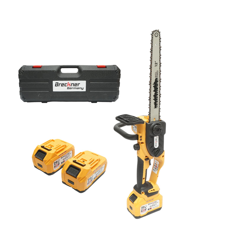 Motosega elettrica professionale da 1060 W con due batterie agli ioni di litio da 21 V e 6 Ah, motore brushless e barra da 12 pollici (300 mm). Breckner Germany
