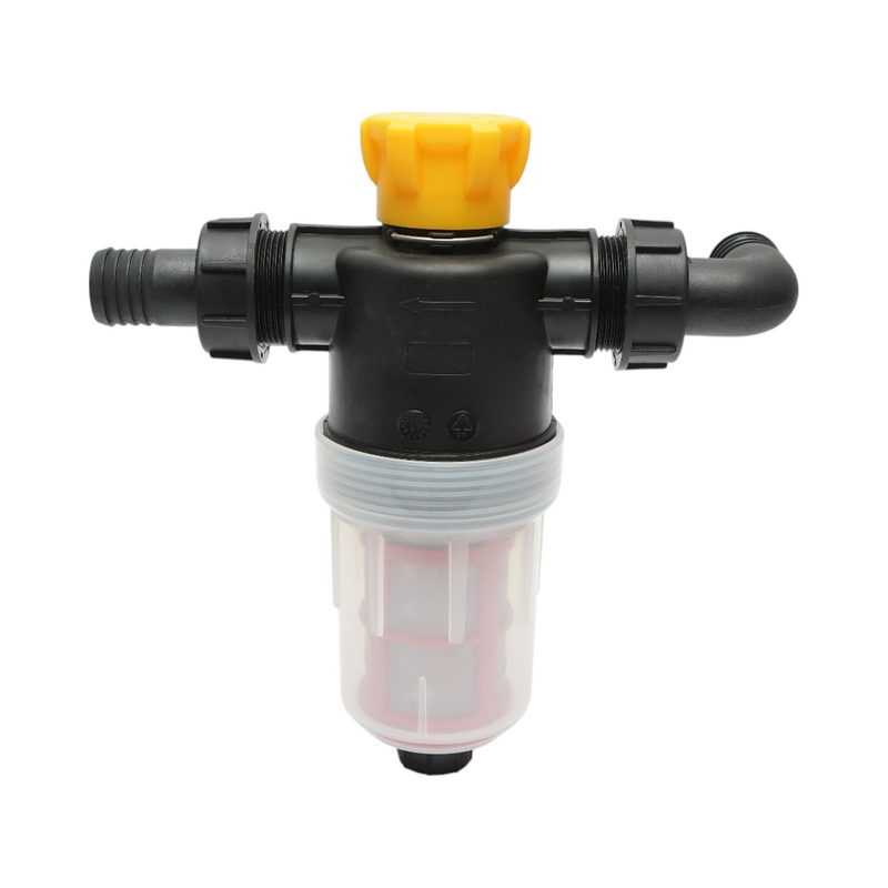Filtro trasparente per irroratrice con doppia rete e valvola autopulente, attacco da 32 mm.