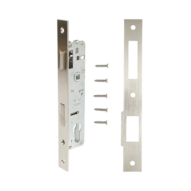 Serratura da infilare con scrocco, scatola 38x174 mm, frontale 23x240 mm, finitura nichel satinato, viti incluse.