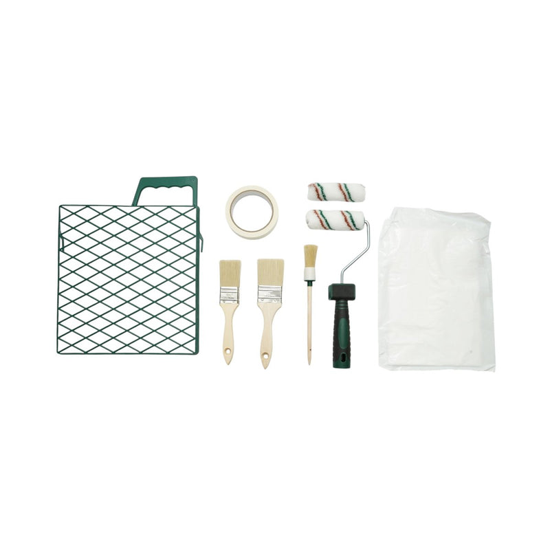 Set da 9 pezzi per tinteggiatura e decorazione: rullo da 10 cm, 2 ricambi per rullo, 3 pennelli, vaschetta con griglia, nastro per mascheratura, telo protettivo. Breckner Germany
