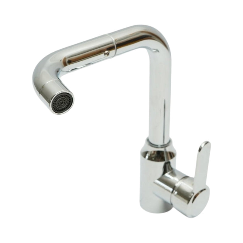 Miscelatore per lavello cucina con canna a U girevole a 360°, monocomando, finitura cromata lucida, acciaio inox, flessibili inclusi