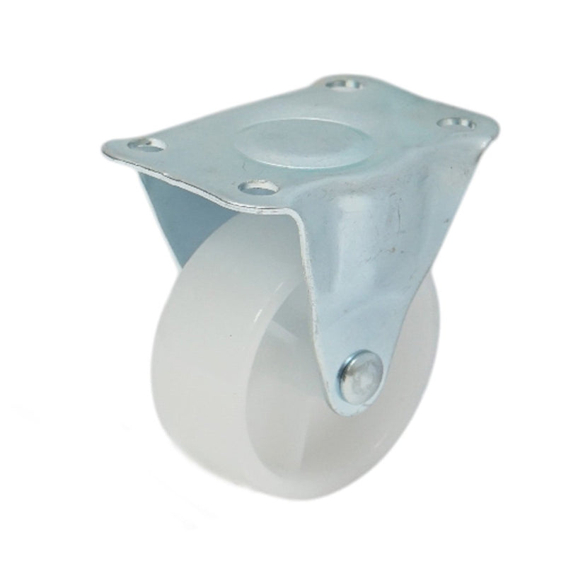 Ruota fissa 50x22 mm senza freno, in polipropilene bianco, piastra in acciaio 60x41 mm, portata 30 kg