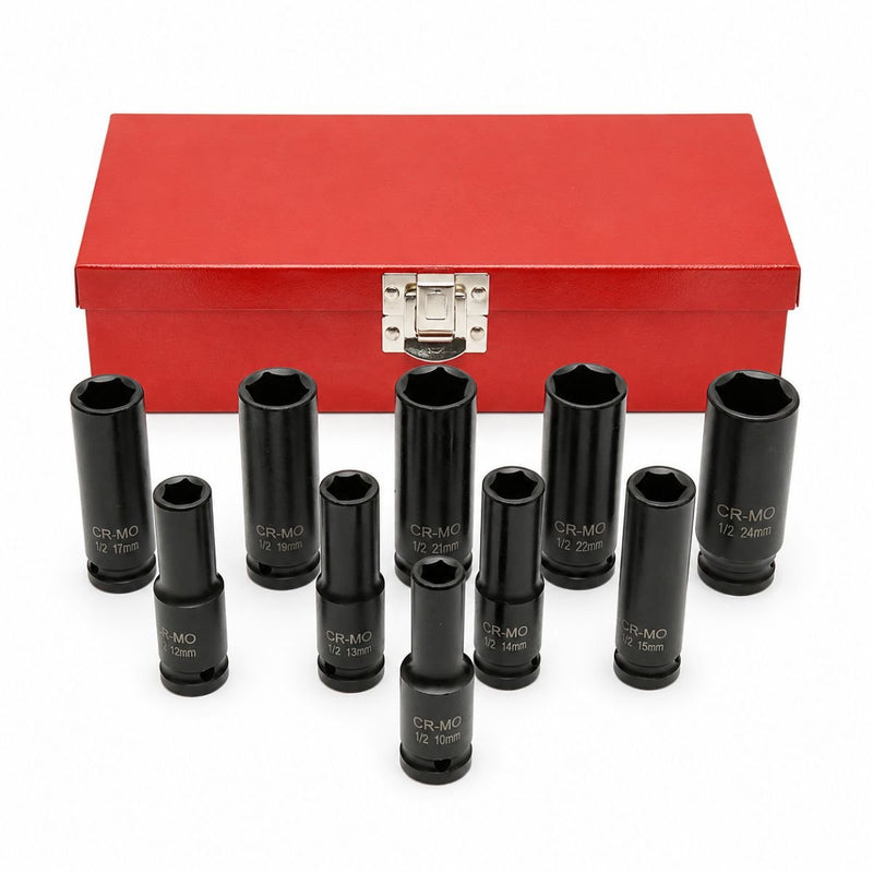 Set di 10 bussole a impatto lunghe con attacco da 1/2" (10–24 mm), Cr-Mo Breckner Germany