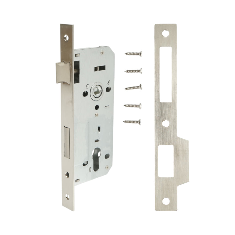 Serratura da infilare con scrocco, 73x177 mm; frontale 23x240 mm; finitura nichel satinato; viti incluse.