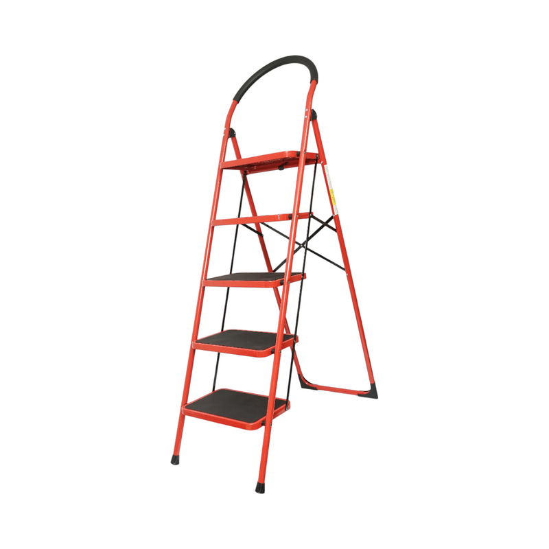 Scala pieghevole in acciaio rosso, 5 gradini antiscivolo, altezza 165 cm, portata massima 150 kg Breckner Germany