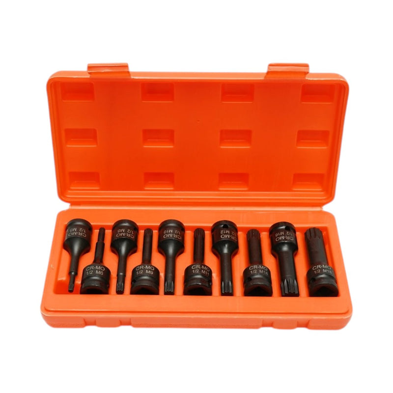 Set di 10 bussole con inserti scanalati XZN (M5–M18), attacco da 1/2", in acciaio Cr-Mo Breckner Germany
