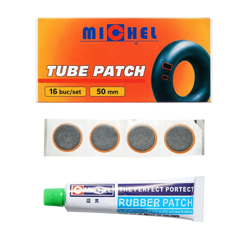 Set di 16 toppe rotonde per vulcanizzazione (50 mm) + 1 tubetto di adesivo (20 ml) per camere d'aria