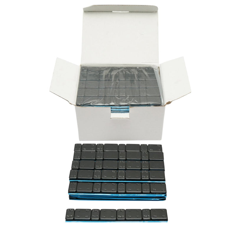 Pesi adesivi neri per equilibratura ruote (Fe), 60 g (4 x 5 g + 4 x 10 g), 100 strisce/scatola