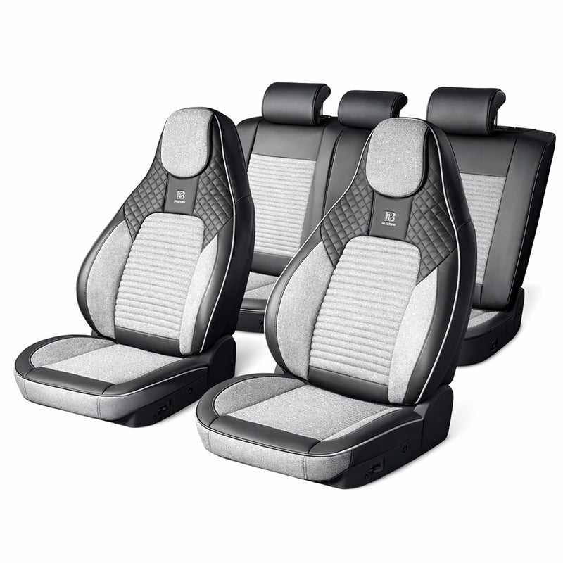 Set coprisedili universali premium nero-grigio per auto, design ergonomico sportivo, pelle ecologica con inserti tessili, 11 pezzi