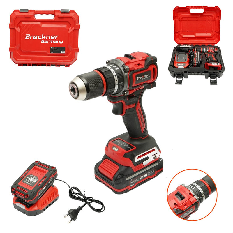 Trapano avvitatore a percussione a batteria da 500 W, due batterie agli ioni di litio da 21 V e 1,5 Ah, LED, motore brushless, coppia di 50 Nm, mandrino da 13 mm, 0-500/1600 giri/min