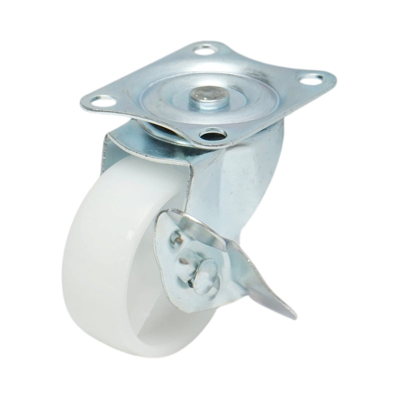 Ruota pivottante 65x23 mm con freno, in polipropilene bianco, piastra in acciaio 70x58 mm, portata 35 kg