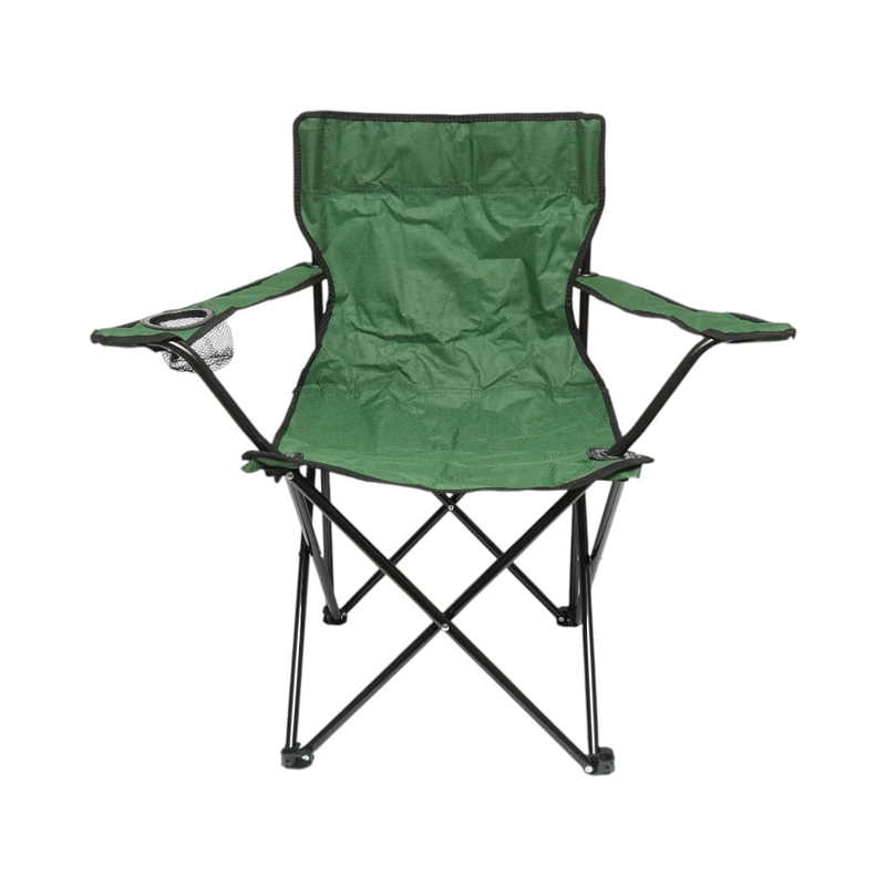 Sedia da campeggio pieghevole verde con portabicchieri, borsa per il trasporto e struttura in metallo (50x80x80 cm)