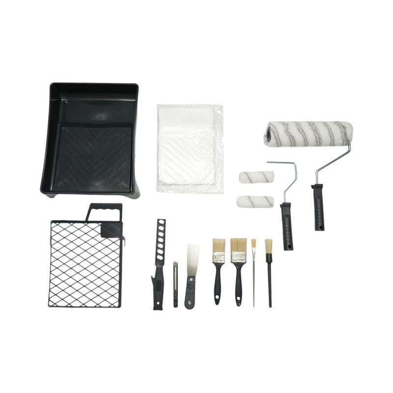 Set per tinteggiatura e decorazione: rulli in poliestere da 10 cm e 25 cm, 4 pennelli, spatola, miscelatore, vaschetta per vernice, griglia di sgocciolamento, telo protettivo, cutter (15 pezzi).Breckner Germany