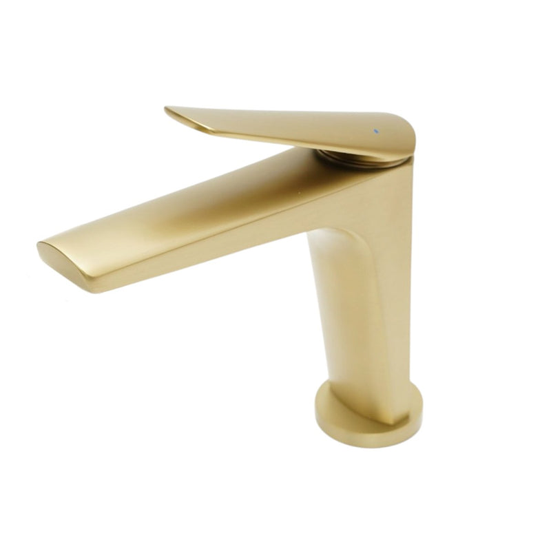 Rubinetto premium in rame per lavabo, con bocca lunga e design squadrato; monocomando, finitura oro opaco, flessibili inclusi.