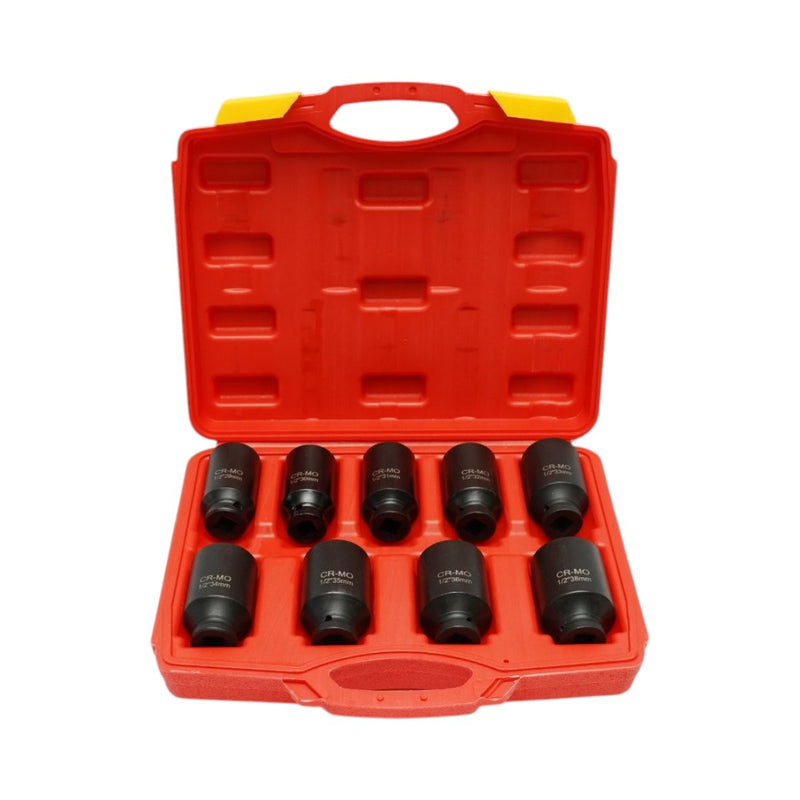 Set di 9 bussole lunghe per dadi dell'asse con attacco da 1/2" (29–38 mm), in acciaio Cr-Mo Breckner Germany