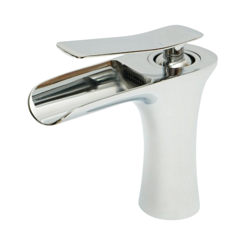 Rubinetto di alta qualità in rame per lavabo da bagno, erogazione a cascata, design rotondo, monocomando, finitura cromata lucida, flessibili inclusi.