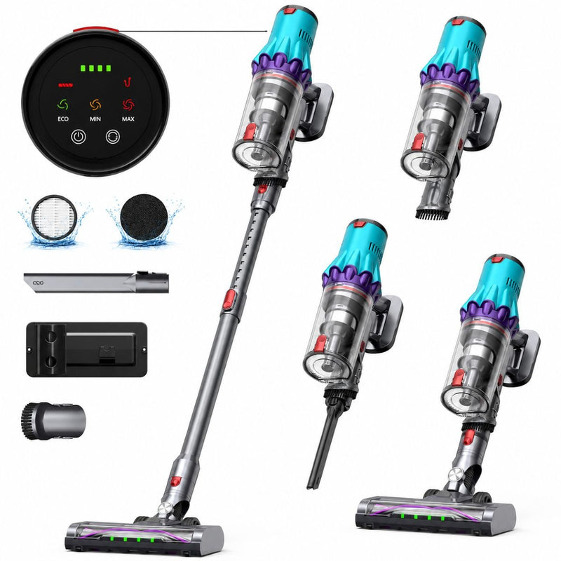 Aspirapolvere a scopa senza fili da 300 W, potenza di aspirazione di 35 kPa, batteria da 2000 mAh, contenitore della polvere da 800 ml, 3 modalità di aspirazione, touchscreen LED, motore brushless, spazzola con illuminazione LED.