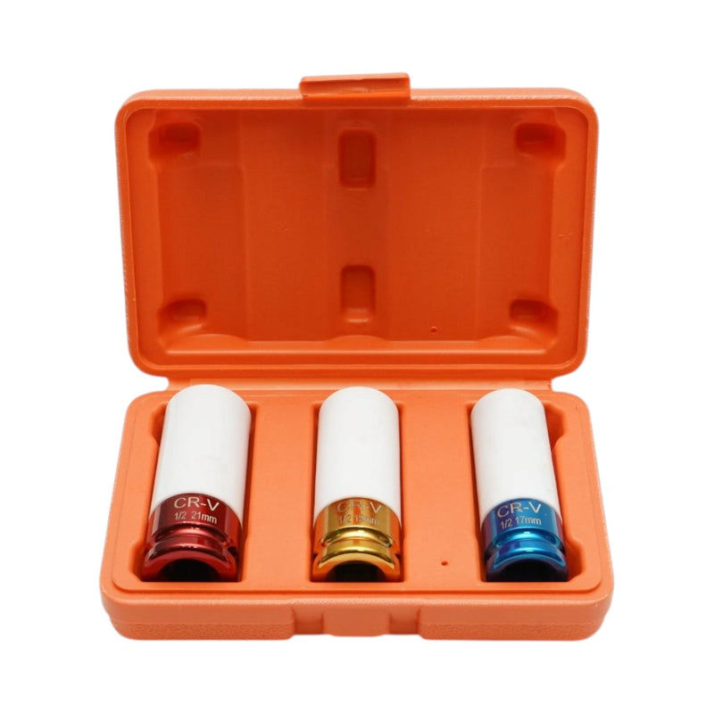 Set di bussole a impatto per dadi ruota con protezione per cerchi (17 mm, 19 mm, 21 mm; attacco da 1/2"; Cr-V) Breckner Germany
