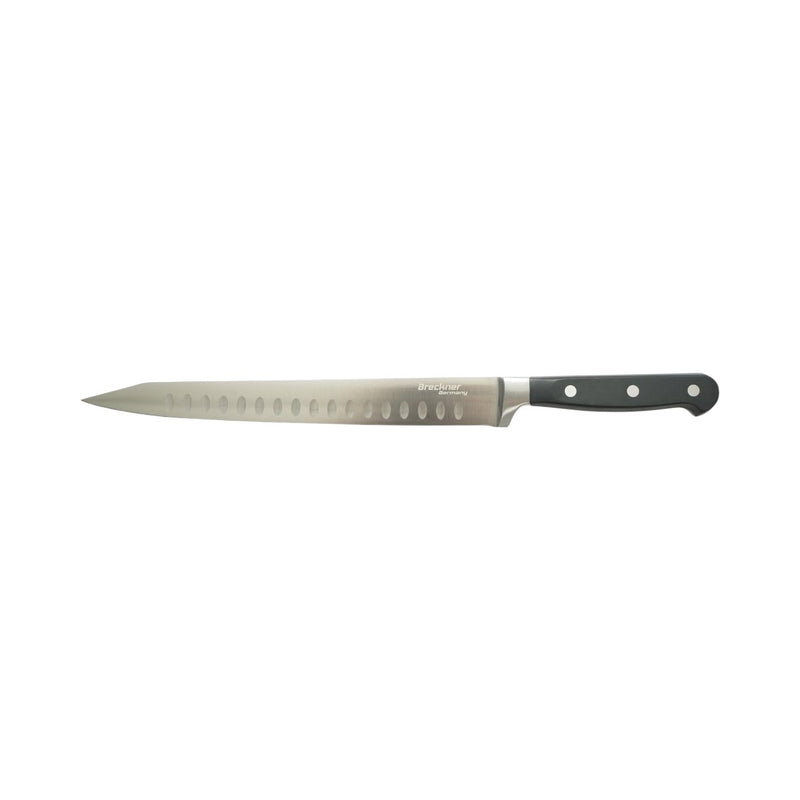 Coltello professionale per affettare da 25 cm, lama in acciaio 5Cr15MoV con filo alveolato, manico in ABS nero. Breckner Germany
