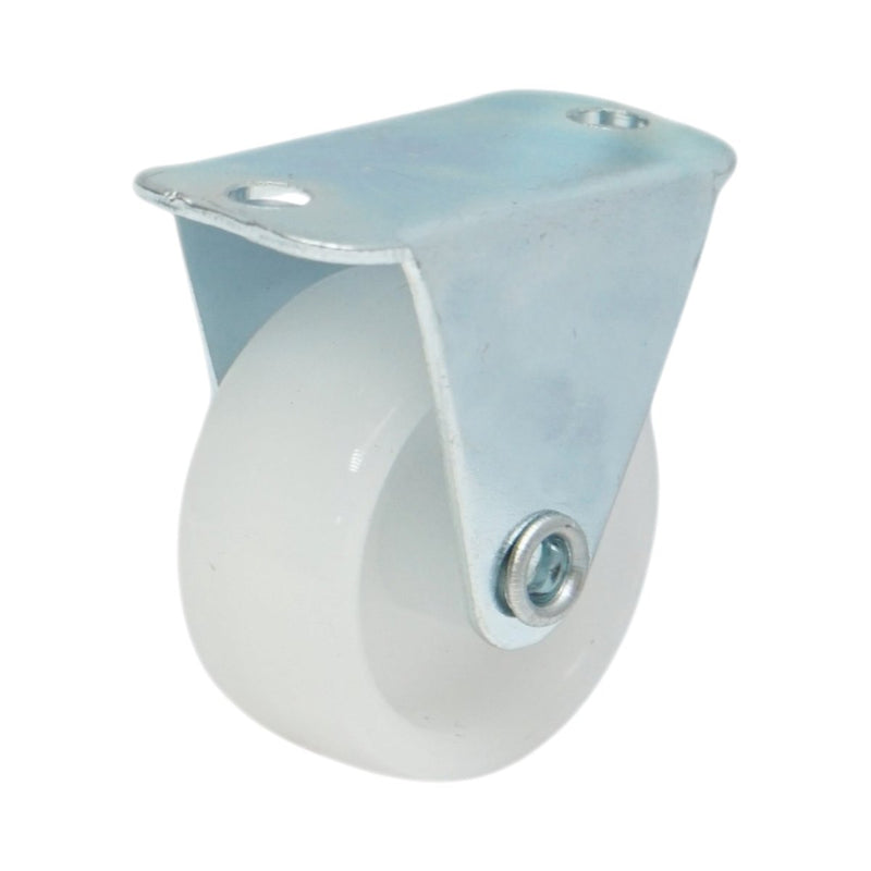 Ruota fissa 30x14 mm, senza freno, in polipropilene bianco, piastra in acciaio 37x19 mm, portata 15 kg