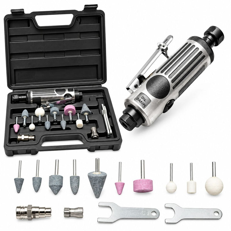 Kit smerigliatrice pneumatica diritta tipo biax, 22.000 giri/min, pinze da 3 mm e 6 mm, pressione di esercizio 6,3 bar, 16 pezzi. Breckner Germany