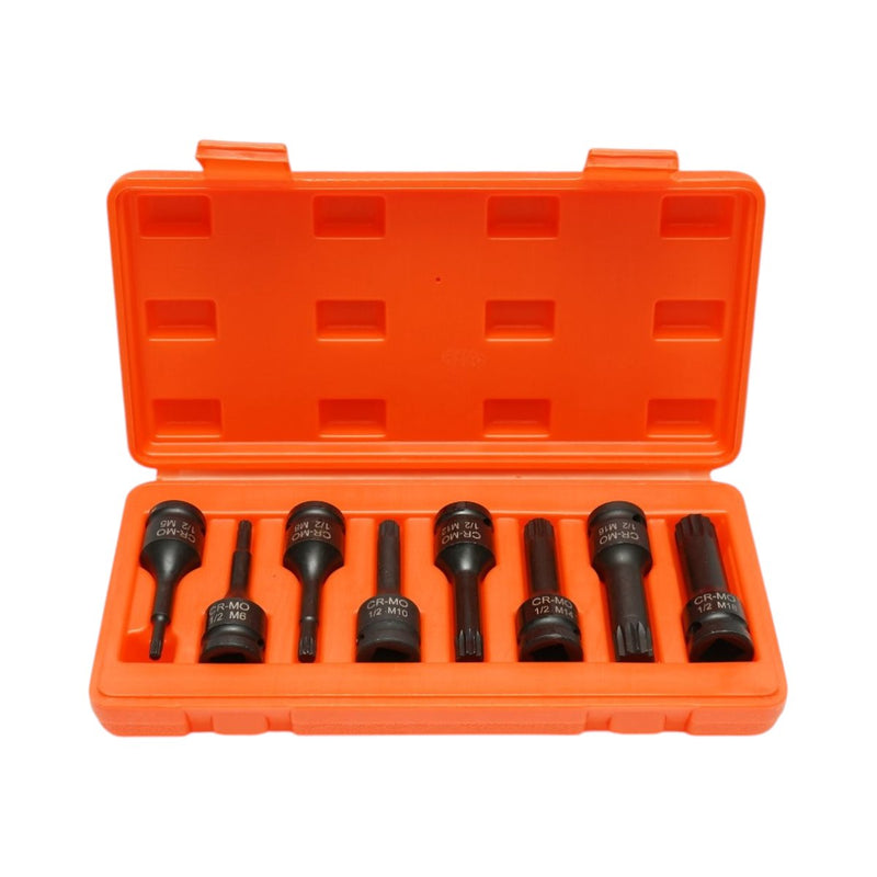 Set di 8 bussole a inserto Spline lunghe per avvitatori a impulsi, attacco da 1/2" (M5–M18) Breckner Germany