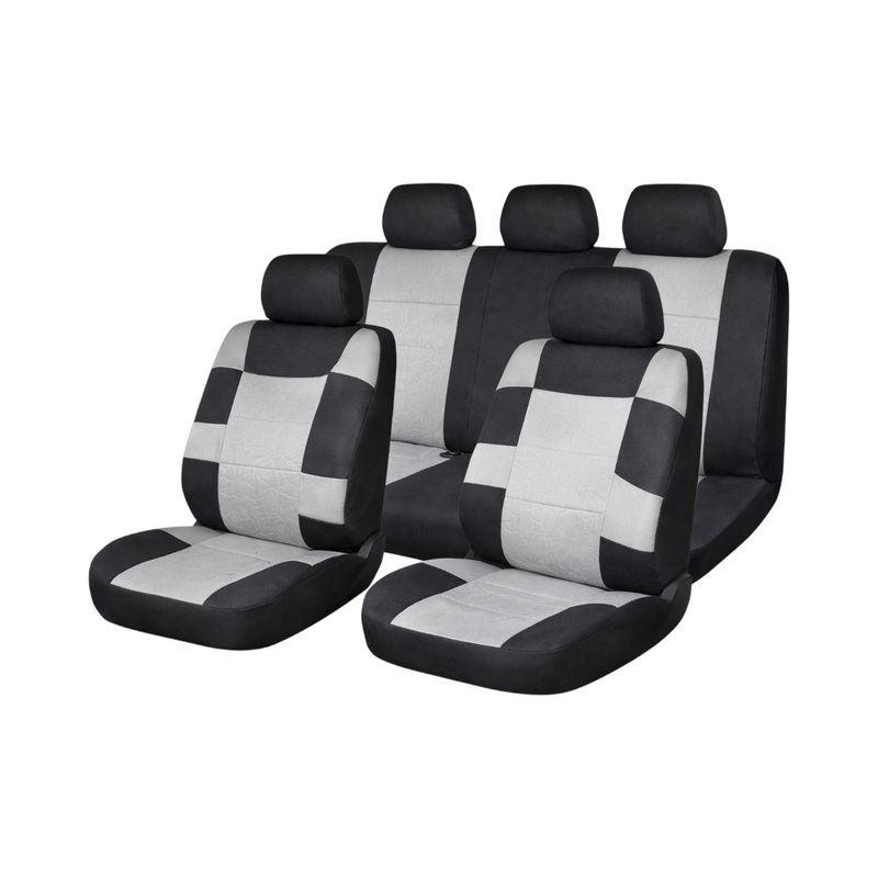 Set coprisedili auto universali nero-grigio, materiale tessile 9 pezzi