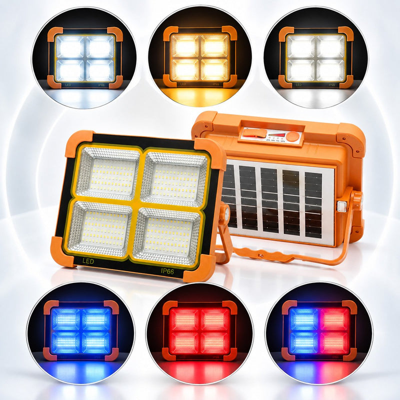 Faretto LED portatile da 200 W con pannello solare da 3 W, batteria da 12.000 mAh, 6 modalità di illuminazione, magnete, gancio e funzione power bank USB. Breckner Germany