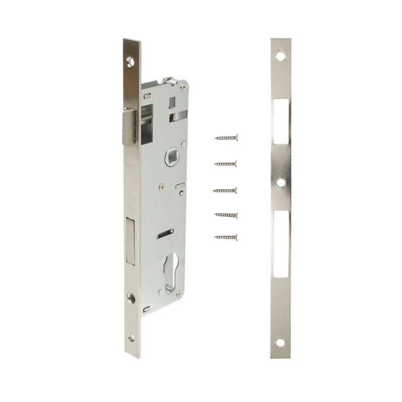 Serratura da infilare con scrocco, 48x174 mm; frontale 16x240 mm; finitura nichel satinato; viti incluse.