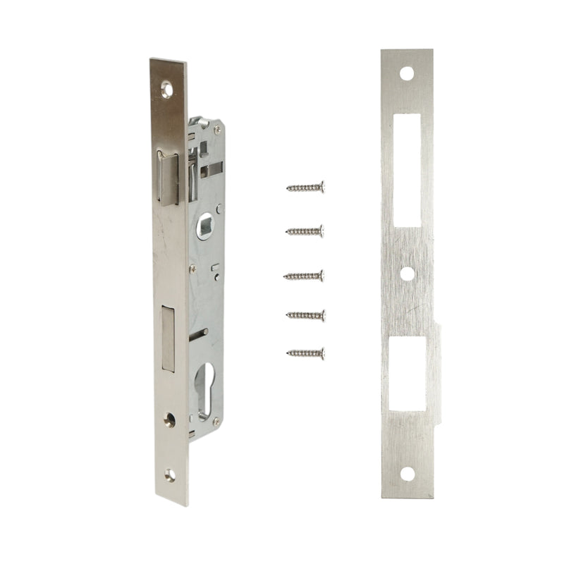Serratura da infilare con scrocco, scatola 34x174 mm, frontale 23x240 mm, finitura nichel satinato, viti incluse.