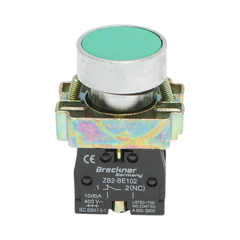 Pulsante in metallo verde con ritorno 1NO+1NC, 400V/10A, LAY5 Breckner Germany