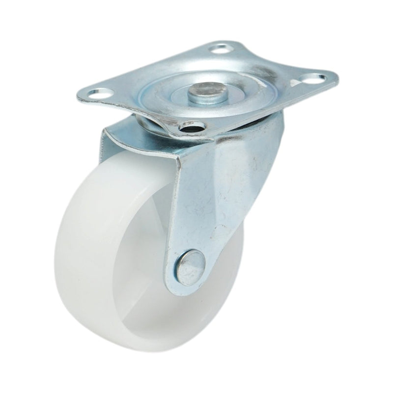 Ruota pivottante 65x23 mm senza freno, in polipropilene bianco, piastra in acciaio 70x58 mm, portata 35 kg