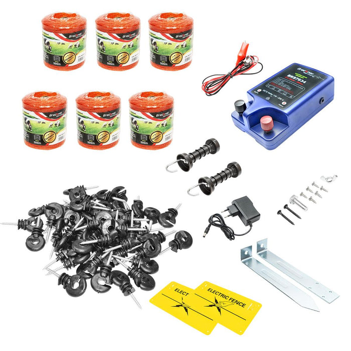 Kit Completo Recinto Elettrico Elettrificatore 12V/220V, 2 Joule 20 km, Filo 1500 MT, 100 isolatori, 2 maniglie porta, recinzioni elettriche Breckner Germnany