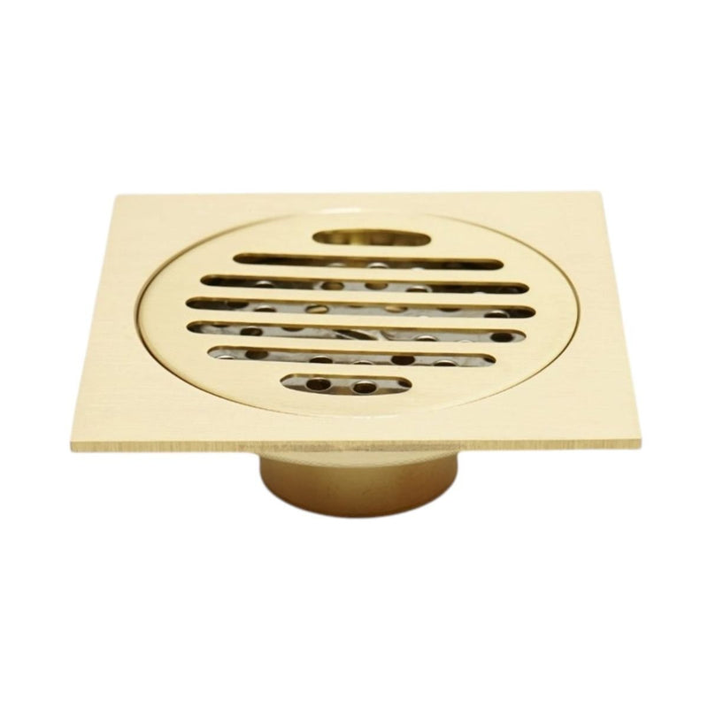 Scarico a pavimento quadrato con griglia, oro satinato, acciaio inox, 100x100 mm